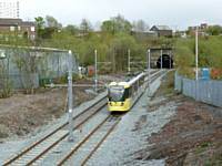 Tram 3016 on training duties leaves Werneth Tunnel and heads for Queens Road.  (Photo courtesy R Clarke)